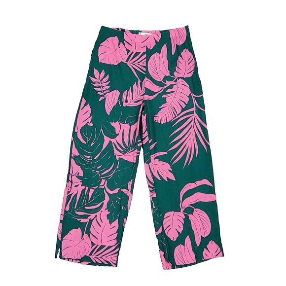 Mango High Rise Wide Leg Pants 8 Pink Green Tropical Resortwear Hawaiian Travel - Picture 2 of 12